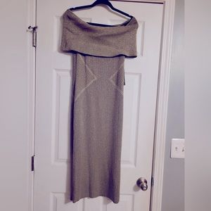 Off shoulder grey/silver sweater dress great for Christmas party as it shimmers